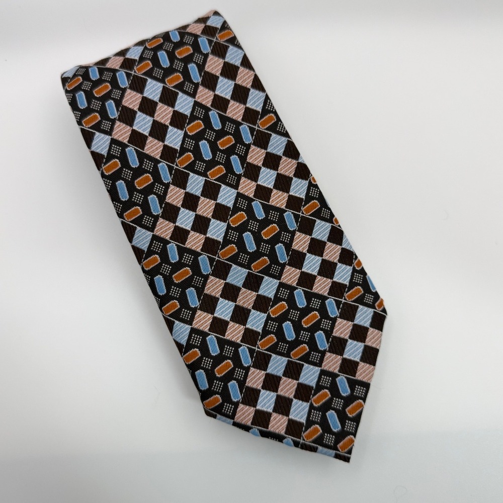 John Blair Necktie OS Brown Blue Orange Geometric Retro Vintage 70s Professional